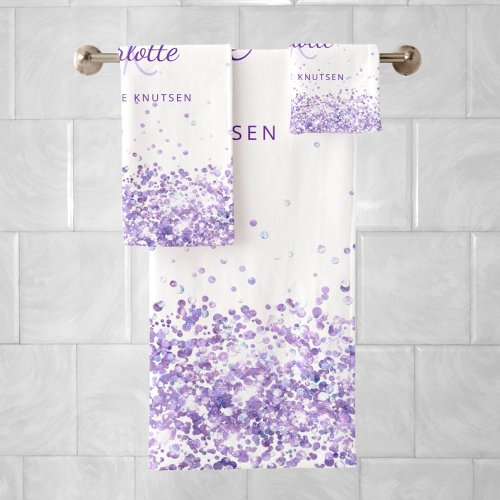 Violet lavender white glitter name monogram bath towel set