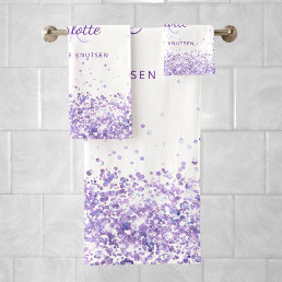 Violet lavender white glitter name monogram bath towel set