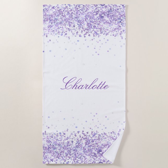 Violet lavender white name elegant beach towel (Front)