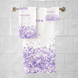 Violet lavender white name monogram bath towel set