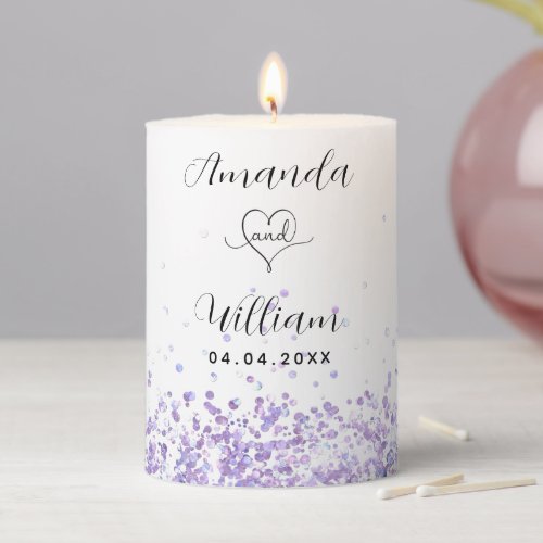 Violet lavender white names elegant wedding pillar candle
