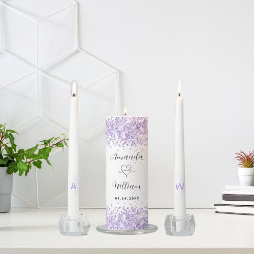 Violet lavender white names elegant wedding unity candle set
