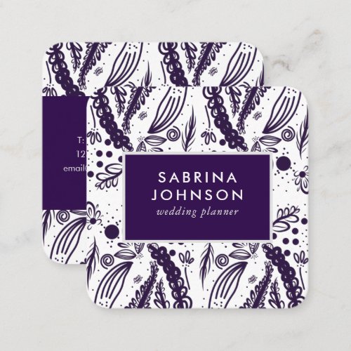 Violet leaves flowers polka dots pattern square business card