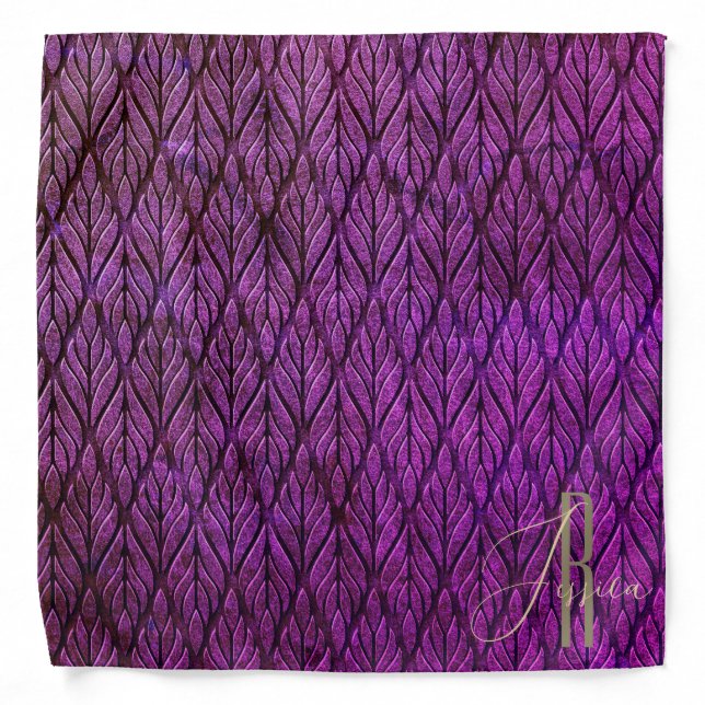 Violet Leaves Leather pattern & monogram Bandana (Front)