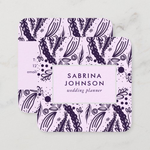 Violet leaves polka dots pattern pink floral square business card