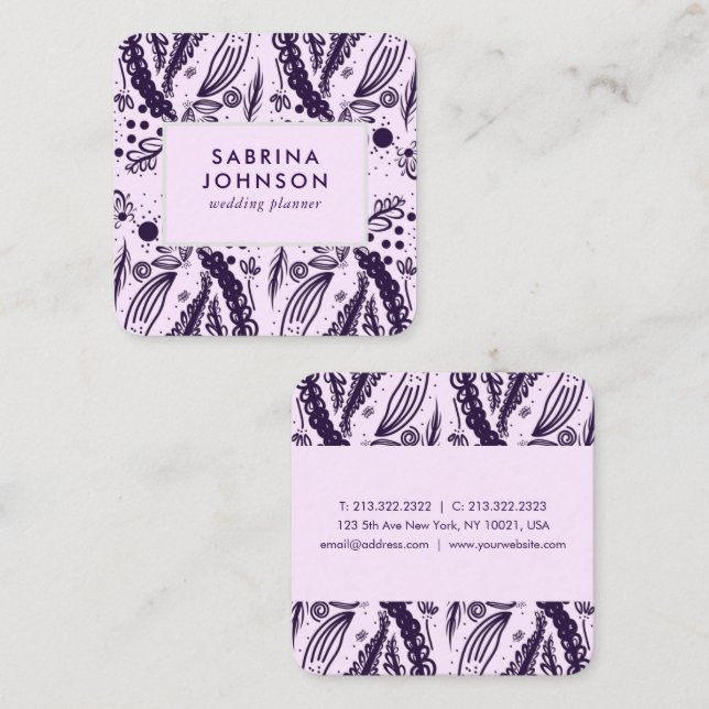 Violet leaves polka dots pattern pink floral square business card (Front/Back)