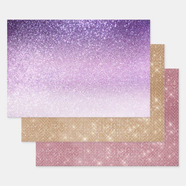 Violet Lilac Pastel Purple Triple Glitter Ombre Wrapping Paper Sheets (Set)