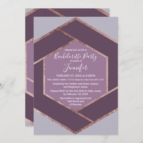 Violet Lilac Purple Rose Gold Hexagon Bachelorette Invitation