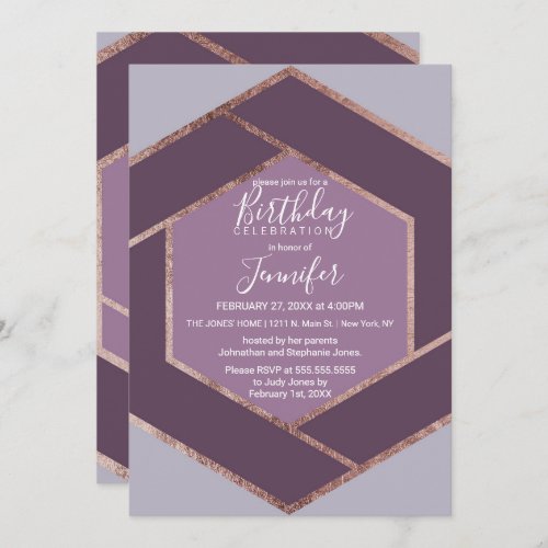 Violet Lilac Purple Rose Gold Hexagon Birthday Invitation