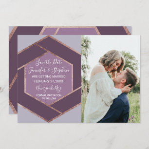Violet Lilac Purple Rose Gold Hexagon Save Date Invitation
