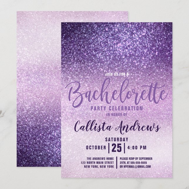 Violet Lilac Purple Triple Glitter Bachelorette Invitation (Front/Back)