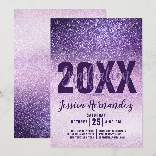 Violet Lilac Purple Triple Glitter Graduation Invitation (Front/Back)