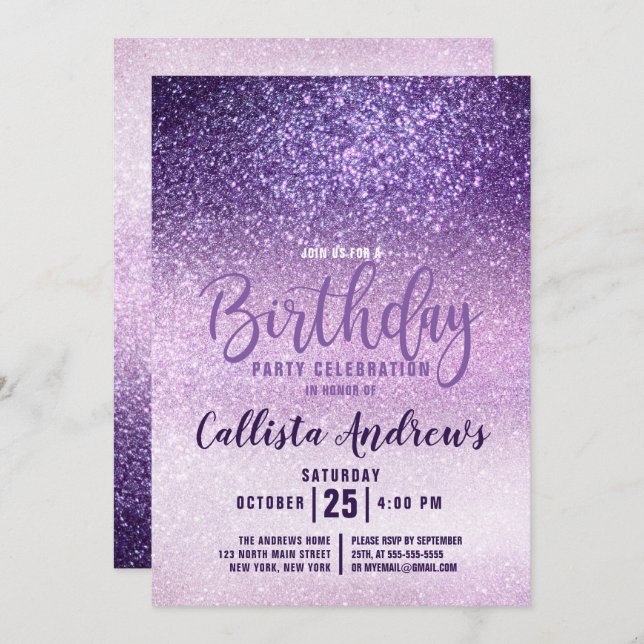 Violet Lilac Purple Triple Glitter Ombre Birthday Invitation (Front/Back)