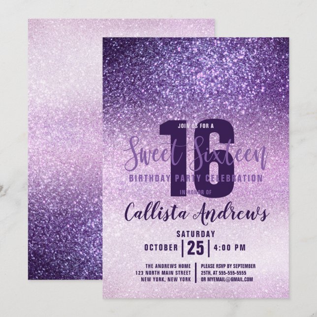 Violet Lilac Purple Triple Glitter Ombre Sweet 16 Invitation (Front/Back)