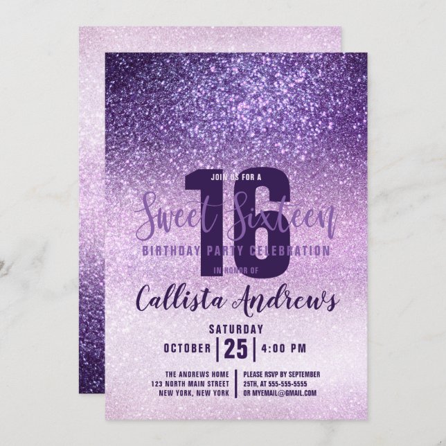 Violet Lilac Purple Triple Glitter Ombre Sweet 16 Invitation (Front/Back)