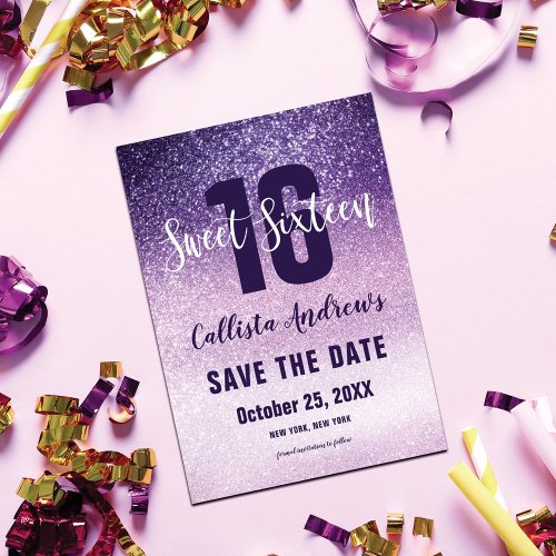 Violet Lilac Purple Triple Glitter Ombre Sweet 16 Save The Date