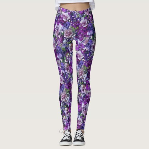 Violet Lilac Rose Flowers Garden Leggings