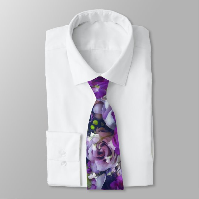 Violet Lilac Rose Flowers Garden Neck Tie (Tied)