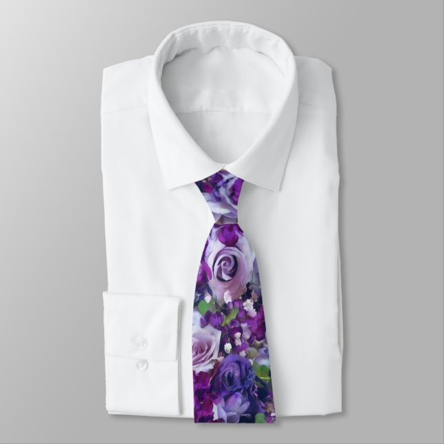 Violet Lilac Rose Flowers Garden Neck Tie (Tied)