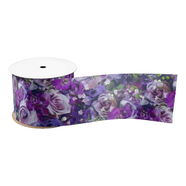 Violet Lilac Rose Flowers Garden Pattern Satin Ribbon (Spool)