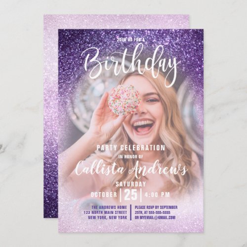 Violet Lilac Triple Glitter Ombre Photo Birthday Invitation