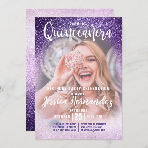 Violet Lilac Triple Glitter Photo Quinceaera Invitation