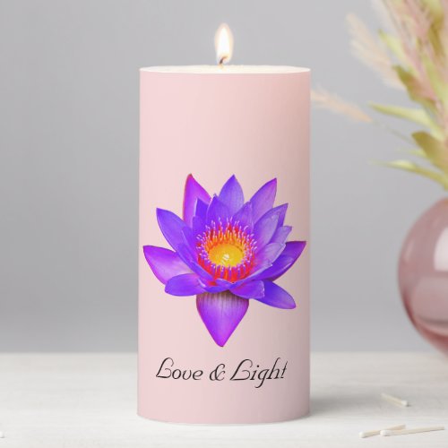 Violet Lotus Flowers  Lily Pads on Light Pink Pil Pillar Candle