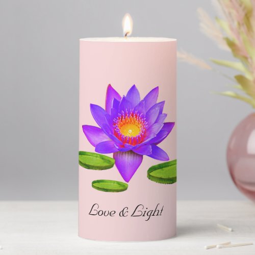 Violet Lotus Flowers  Lily Pads on Light Pink Pillar Candle