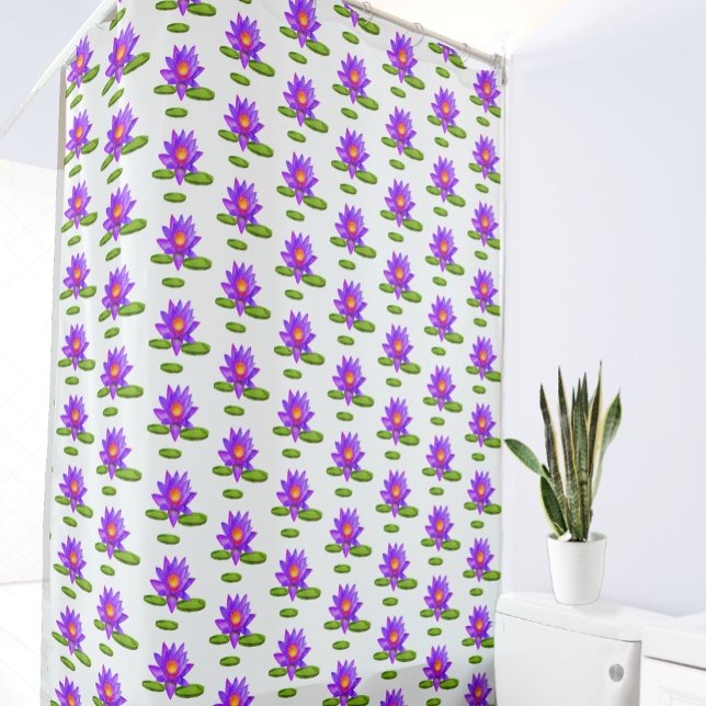 Violet Lotus Flowers & Lily Pads on White Shower Curtain (Creator Uploaded)