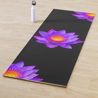 Violet Lotus Flowers on Black Yoga Mat
