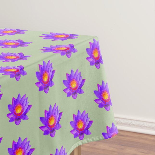Violet Lotus Flowers on Laurel Green Tablecloth (In Situ)