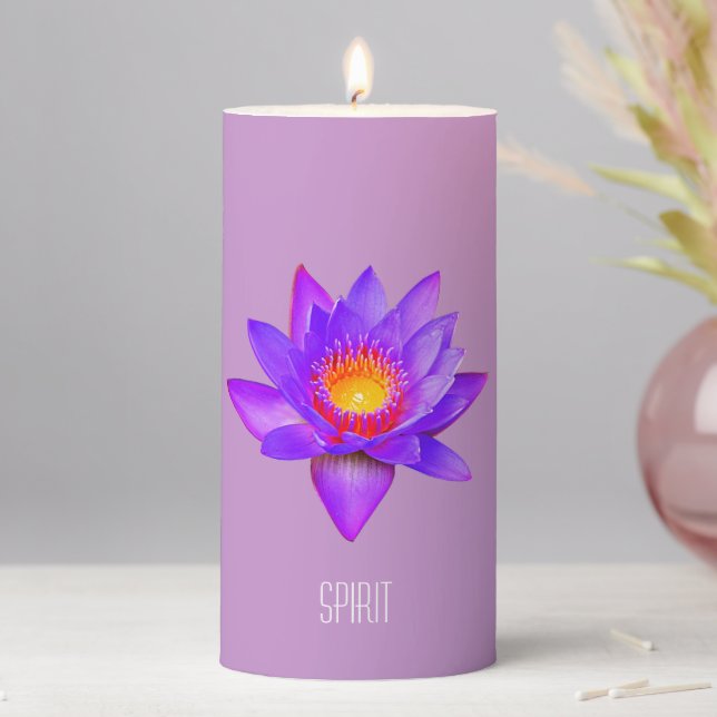 Violet Lotus Flowers on Light Violet Pillar Candle (In Situ)