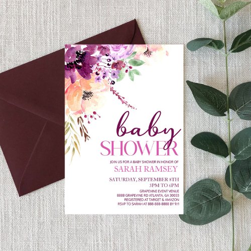Violet Magenta Fall Floral Flowers Baby Shower Invitation