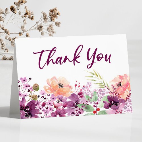 Violet Magenta Floral Flowers Wedding Thank You Card