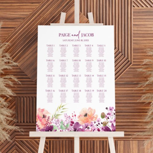 Violet Magenta Floral Large Wedding Seating Chart Foam Board
