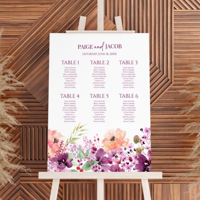 Violet Magenta Floral Small Wedding Seating Chart Foam Board (Creator Uploaded)