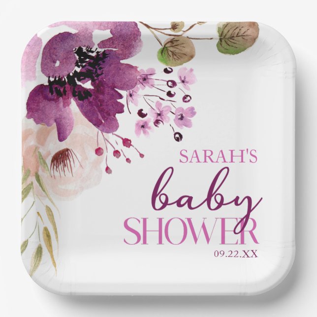 Violet Magenta Purple Floral Baby Shower Paper Plates (Front)