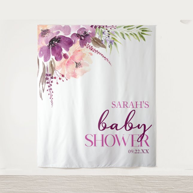 Violet Magenta Purple Floral Baby Shower Tapestry (Front)