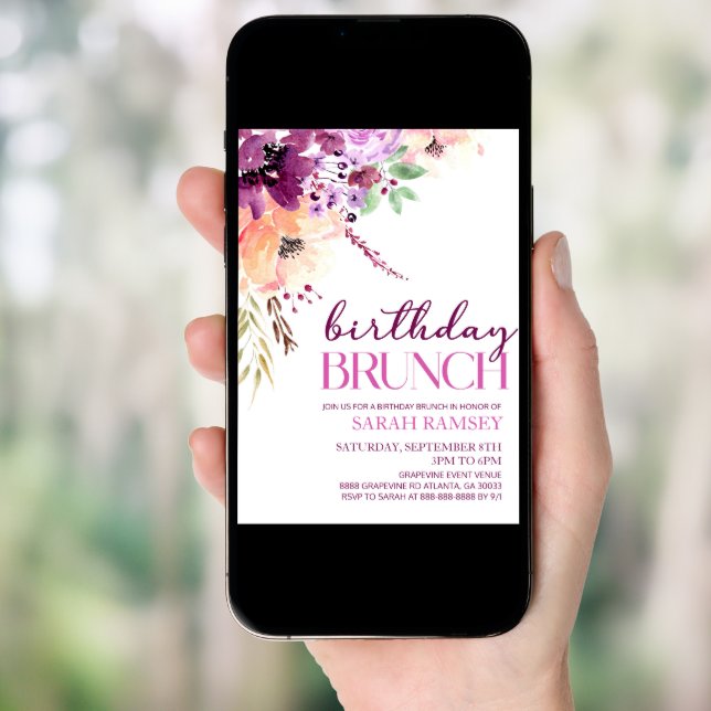 Violet Magenta Purple Floral Birthday Brunch Invitation (Front Digital)