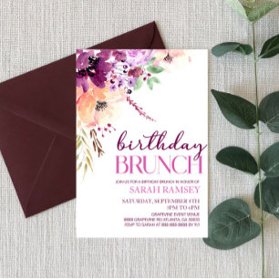 Violet Magenta Purple Floral Birthday Brunch Invitation