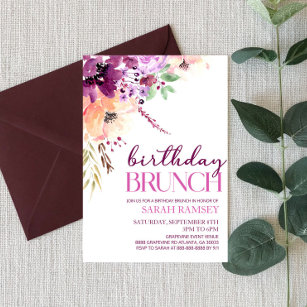 Violet Magenta Purple Floral Birthday Brunch Invitation