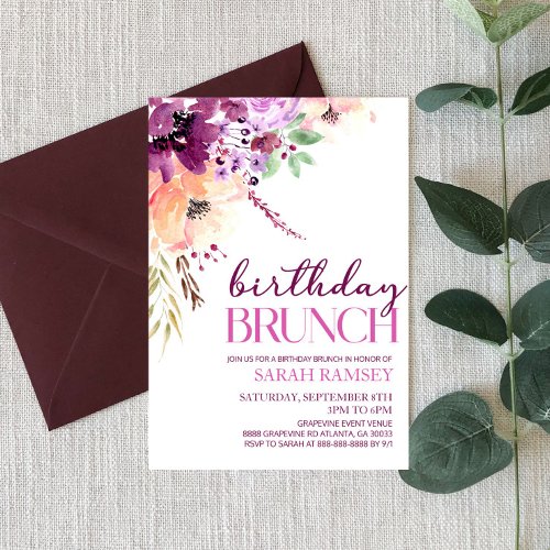 Violet Magenta Purple Floral Birthday Brunch Invitation