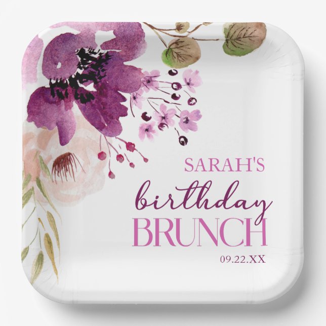 Violet Magenta Purple Floral Birthday Brunch Paper Plates (Front)