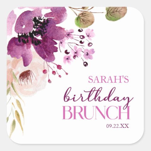 Violet Magenta Purple Floral Birthday Brunch Square Sticker