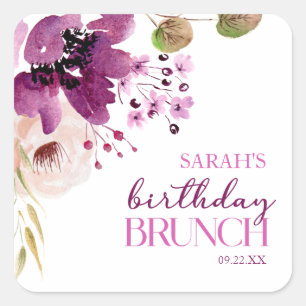 Violet Magenta Purple Floral Birthday Brunch Square Sticker