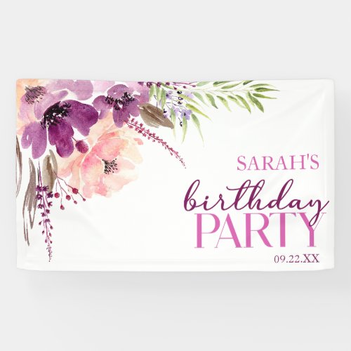 Violet Magenta Purple Floral Birthday Party Banner