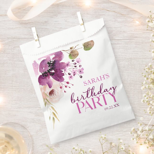 Violet Magenta Purple Floral Birthday Party Favor Bag (Clipped)