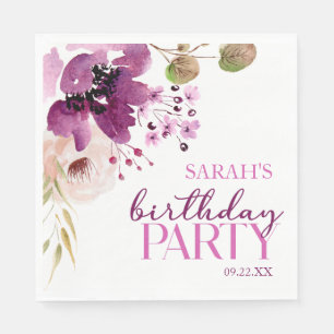 Violet Magenta Purple Floral Birthday Party Napkins