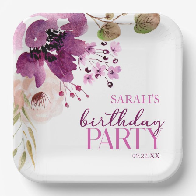 Violet Magenta Purple Floral Birthday Party Paper Plates (Front)