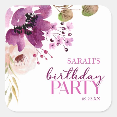 Violet Magenta Purple Floral Birthday Party Square Sticker